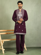 Luxe Men's Japanese Heavy Embroidery Club Motif V-Neck Kurta - Wine