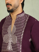 Luxe Men's Japanese Heavy Embroidery Club Motif V-Neck Kurta - Wine