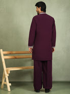 Luxe Men's Japanese Heavy Embroidery Club Motif V-Neck Kurta - Wine