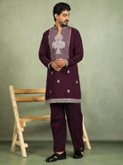 Luxe Men's Japanese Heavy Embroidery Club Motif V-Neck Kurta with Trouser Set - Wine