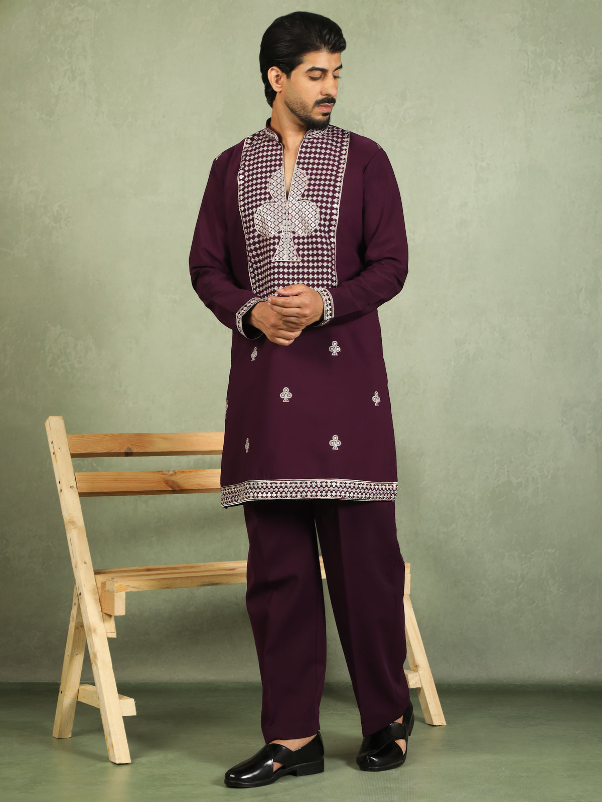 Luxe Men's Japanese Heavy Embroidery Club Motif V-Neck Kurta with Trouser Set - Wine