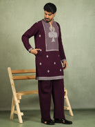 Luxe Men's Japanese Heavy Embroidery Club Motif V-Neck Kurta with Trouser Set - Wine