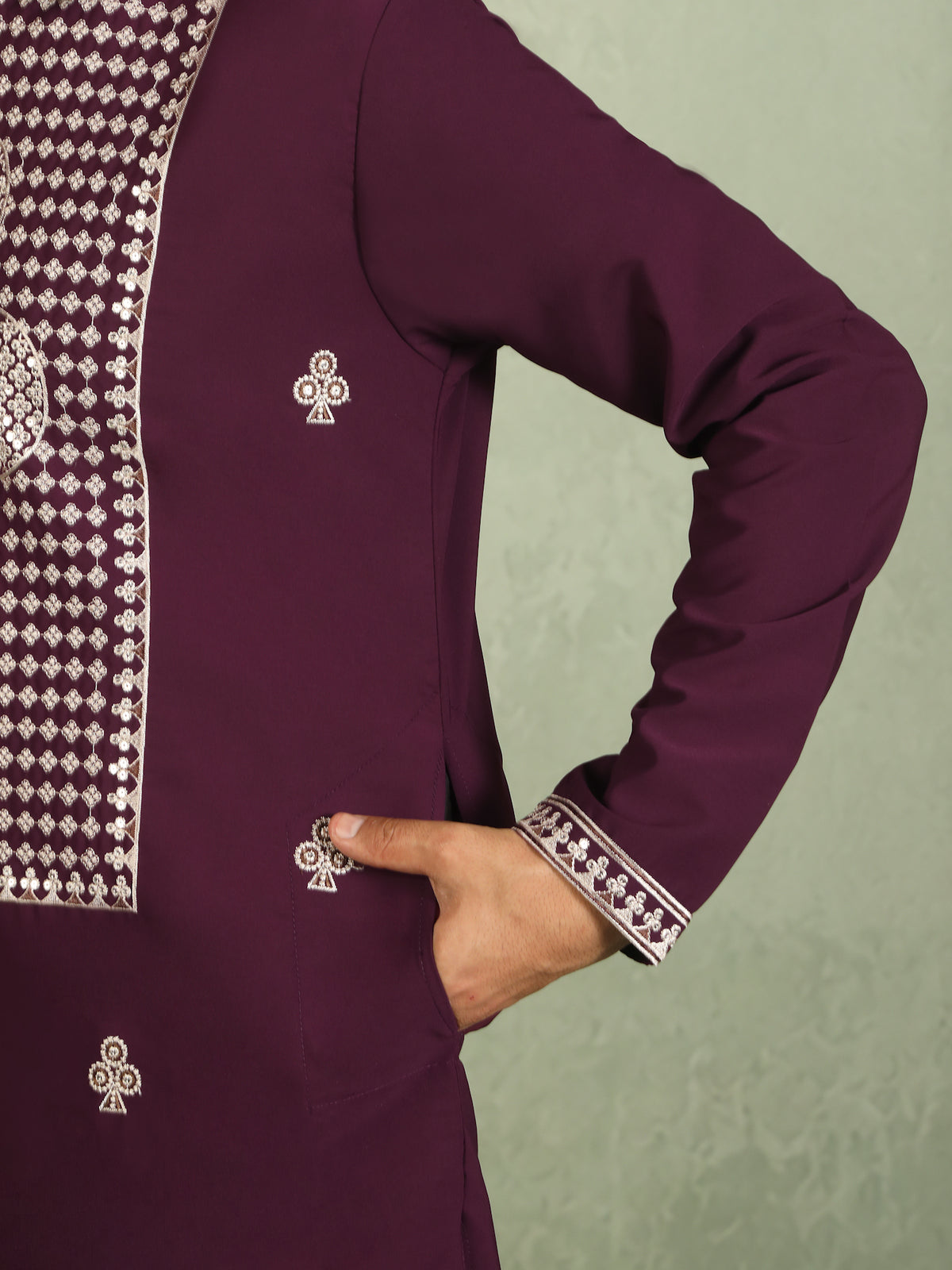 Luxe Men's Japanese Heavy Embroidery Club Motif V-Neck Kurta with Trouser Set - Wine