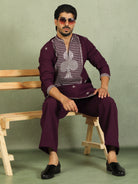 Luxe Men's Japanese Heavy Embroidery Club Motif V-Neck Kurta with Trouser Set - Wine