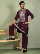 Luxe Men's Japanese Heavy Embroidery Club Motif V-Neck Kurta with Trouser Set - Wine