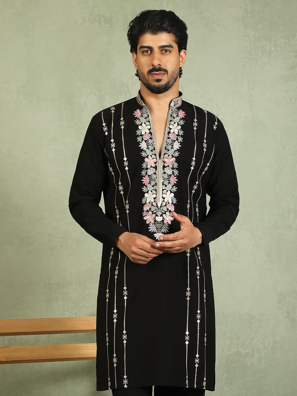 Luxe Men's Japanese Yoke Design Multi Floral Embroidery V-Neck Kurta