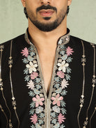 Luxe Men's Japanese Yoke Design Multi Floral Embroidery V-Neck Kurta - Black