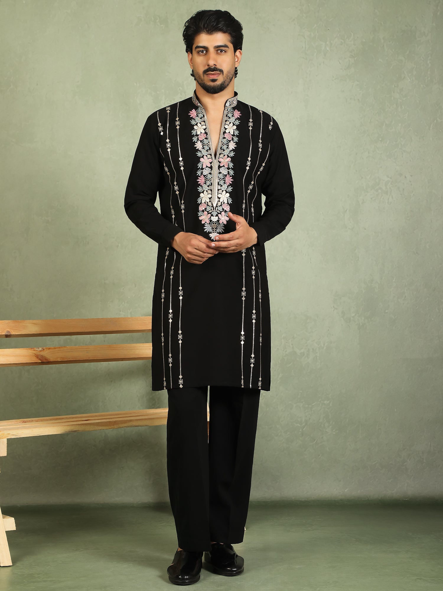 Luxe Men's Japanese Yoke Design Multi Floral Embroidery V-Neck Kurta with Trouser Set - Black