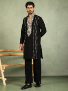 Luxe Men's Japanese Yoke Design Multi Floral Embroidery V-Neck Kurta with Trouser Set - Black