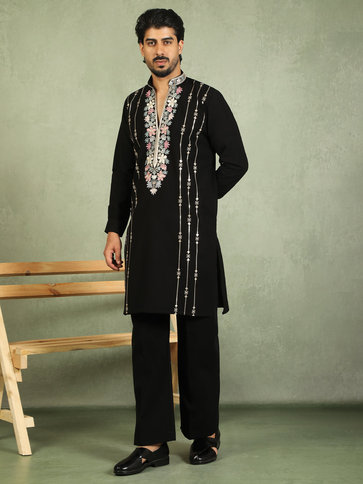 Luxe Men's Japanese Yoke Design Multi Floral Embroidery V-Neck Kurta with Trouser Set - Black