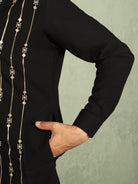 Luxe Men's Japanese Yoke Design Multi Floral Embroidery V-Neck Kurta with Trouser Set - Black