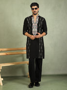 Luxe Men's Japanese Yoke Design Multi Floral Embroidery V-Neck Kurta with Trouser Set - Black
