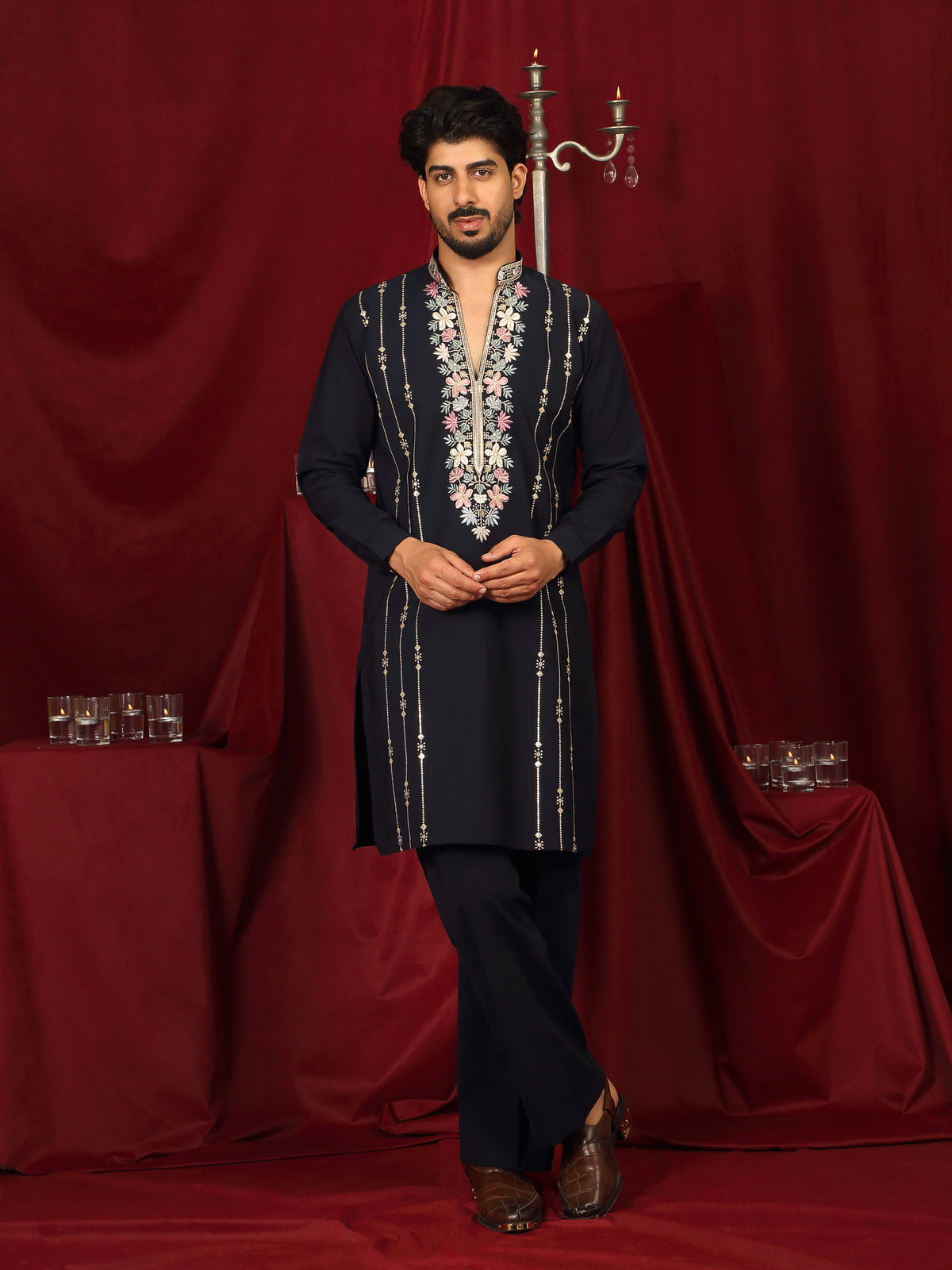 Luxe Men's Japanese Yoke Design Multi Floral Embroidery V-Neck Kurta - Navy Blue