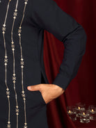 Luxe Men's Japanese Yoke Design Multi Floral Embroidery V-Neck Kurta - Navy Blue
