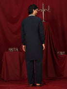 Luxe Men's Japanese Yoke Design Multi Floral Embroidery V-Neck Kurta - Navy Blue