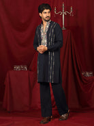 Luxe Men's Japanese Yoke Design Multi Floral Embroidery V-Neck Kurta - Navy Blue