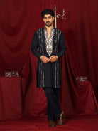 Luxe Men's Japanese Yoke Design Multi Floral Embroidery V-Neck Kurta with Trouser Set - Navy Blue