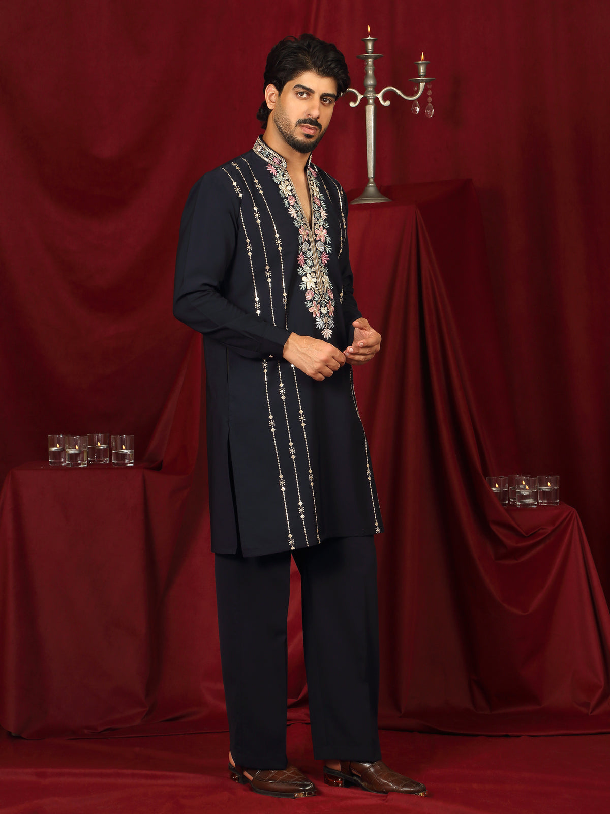 Luxe Men's Japanese Yoke Design Multi Floral Embroidery V-Neck Kurta with Trouser Set - Navy Blue