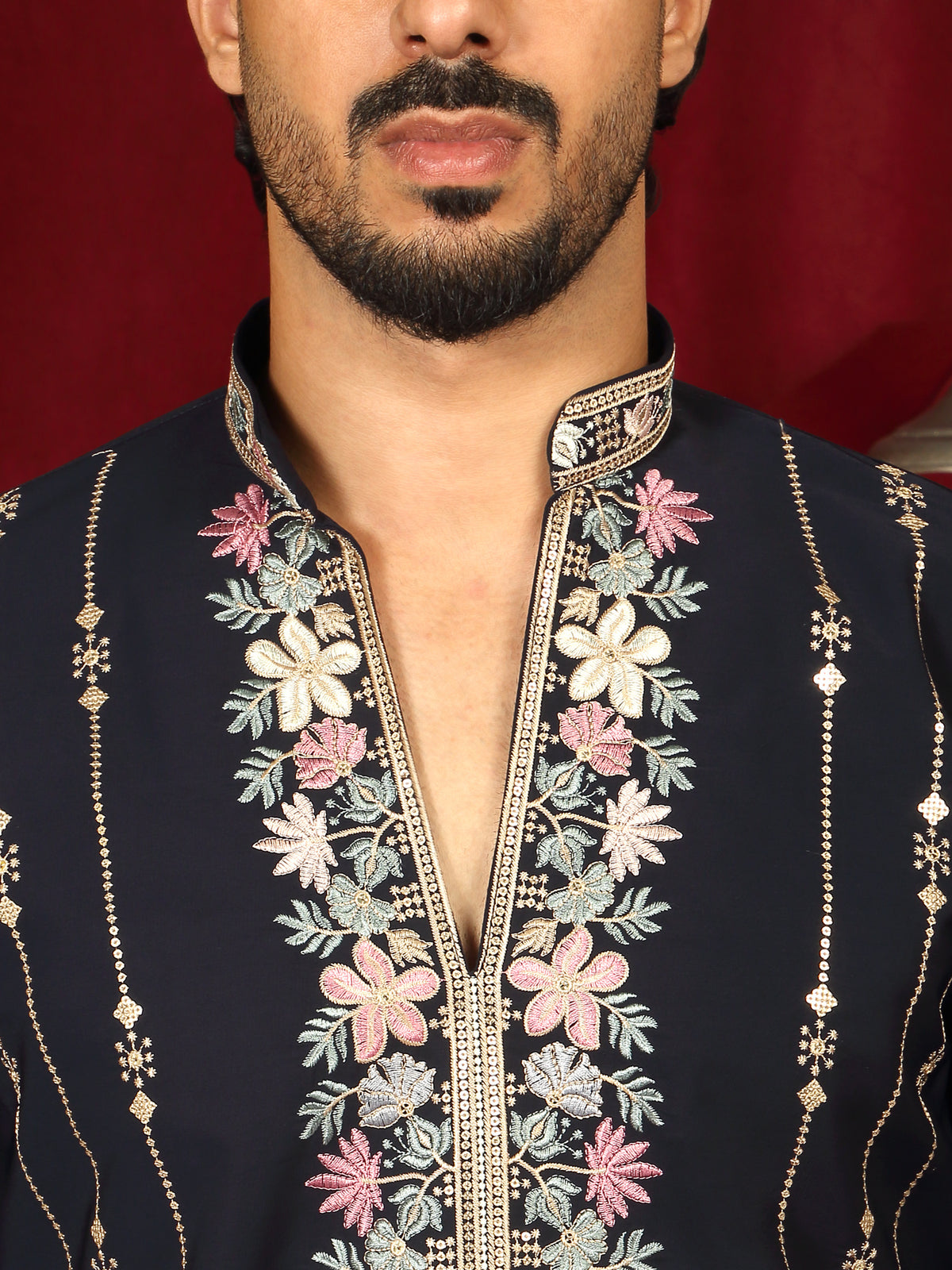 Luxe Men's Japanese Yoke Design Multi Floral Embroidery V-Neck Kurta with Trouser Set - Navy Blue