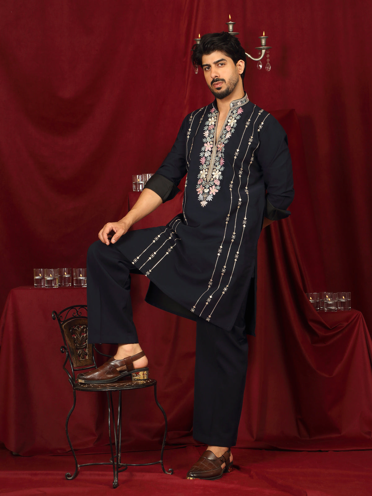 Luxe Men's Japanese Yoke Design Multi Floral Embroidery V-Neck Kurta with Trouser Set - Navy Blue