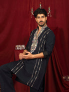 Luxe Men's Japanese Yoke Design Multi Floral Embroidery V-Neck Kurta with Trouser Set - Navy Blue