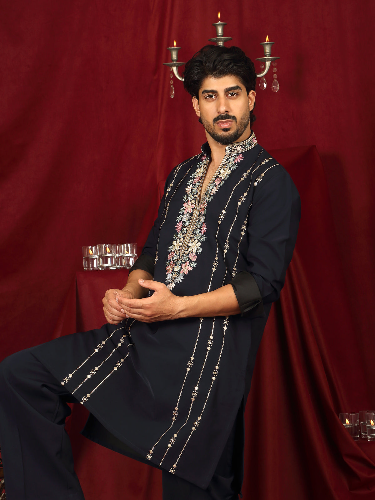 Luxe Men's Japanese Yoke Design Multi Floral Embroidery V-Neck Kurta with Trouser Set - Navy Blue