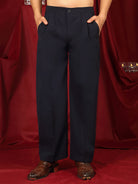 Luxe Men's Japanese Yoke Design Multi Floral Embroidery V-Neck Kurta with Trouser Set - Navy Blue