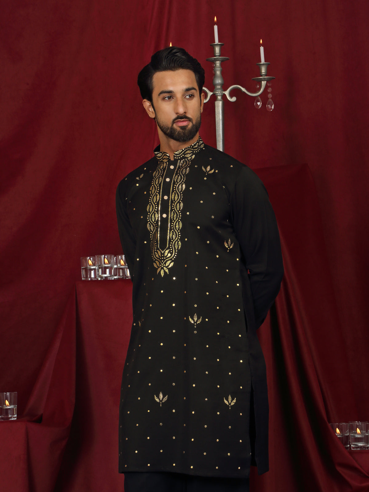 Luxe Men's Japanese Ethnic Motifs Design Golden Foil Work V-Neck Kurta with Trouser Set - Black
