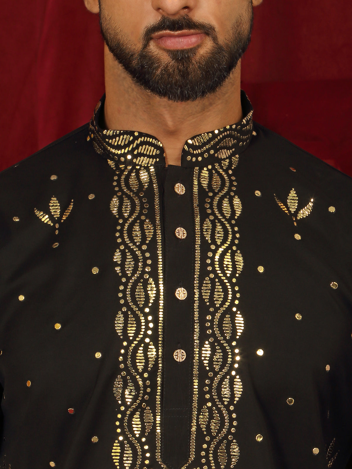 Luxe Men's Japanese Ethnic Motifs Design Golden Foil Work V-Neck Kurta with Trouser Set - Black