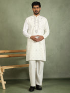 Luxe Men's Japanese Ethnic Motifs Design Golden Foil Work V-Neck Kurta - Cream