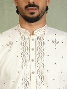 Luxe Men's Japanese Ethnic Motifs Design Golden Foil Work V-Neck Kurta - Cream