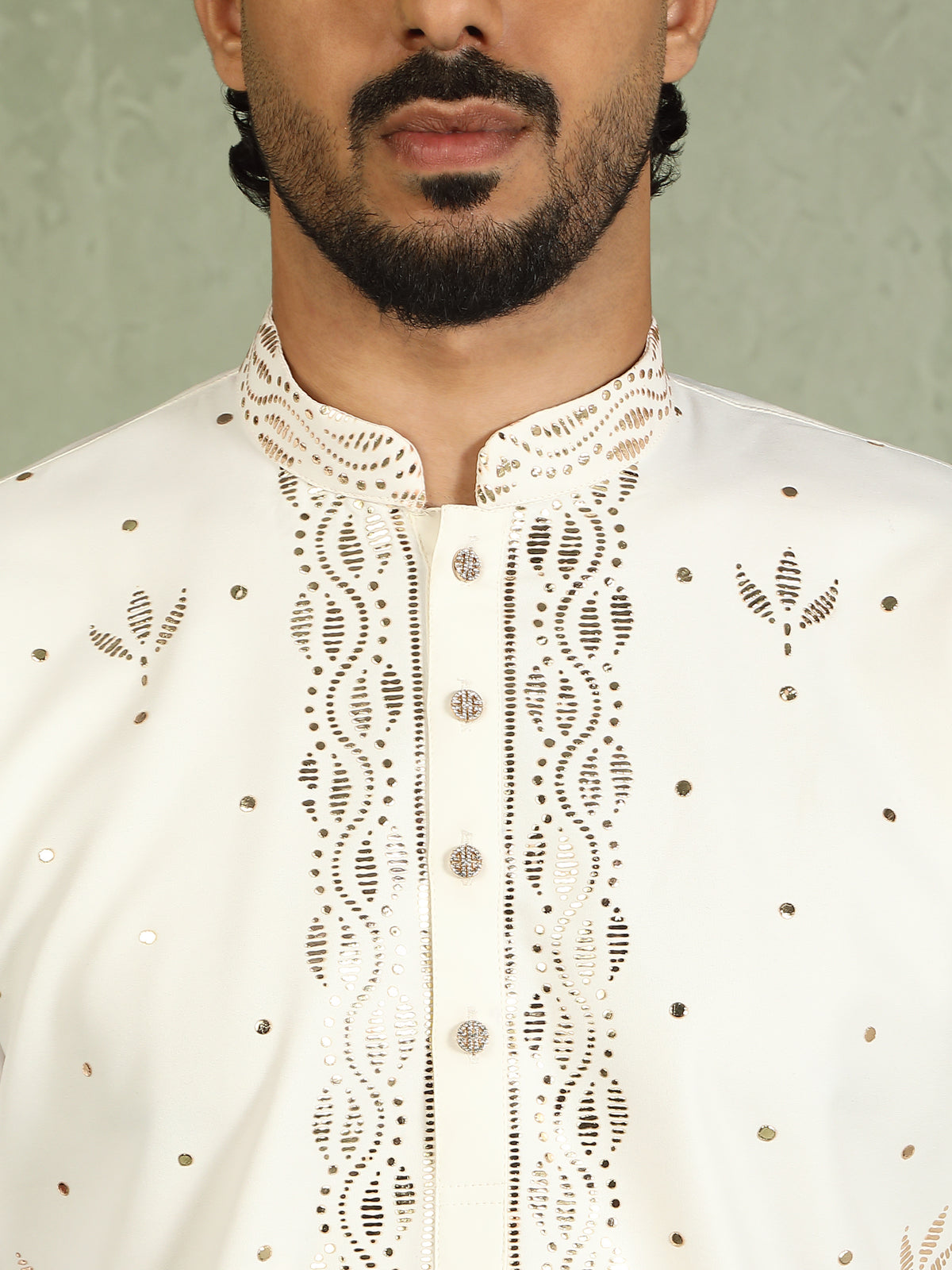 Luxe Men's Japanese Ethnic Motifs Design Golden Foil Work V-Neck Kurta - Cream