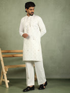 Luxe Men's Japanese Ethnic Motifs Design Golden Foil Work V-Neck Kurta with Trouser Set - Cream