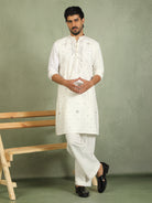 Luxe Men's Japanese Ethnic Motifs Design Golden Foil Work V-Neck Kurta with Trouser Set - Cream