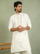 Luxe Men's Japanese Ethnic Motifs Design Golden Foil Work V-Neck Kurta with Trouser Set - Cream