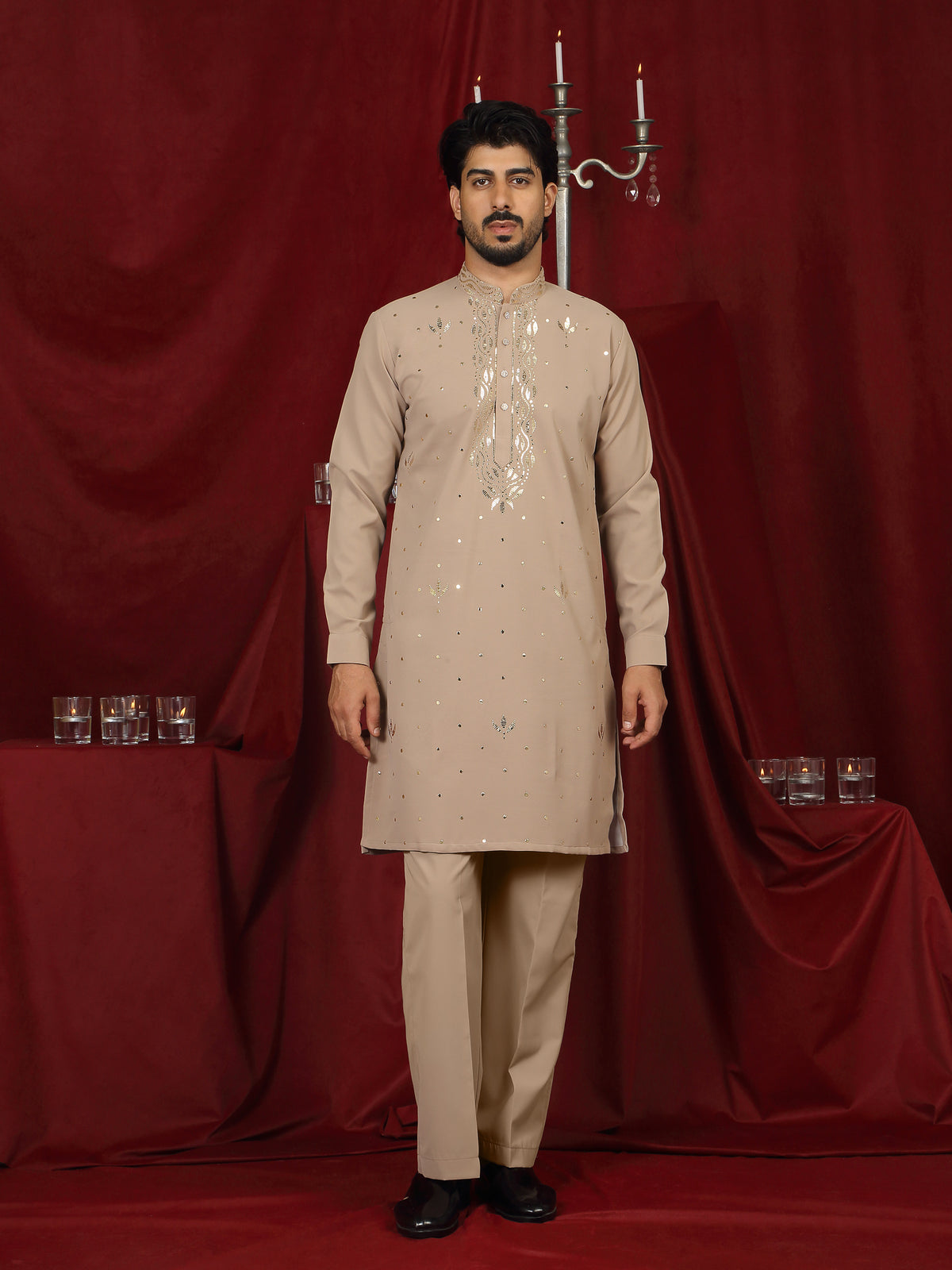 Luxe Men's Japanese Ethnic Motifs Design Golden Foil Work V-Neck Kurta - Fawn