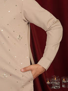 Luxe Men's Japanese Ethnic Motifs Design Golden Foil Work V-Neck Kurta - Fawn