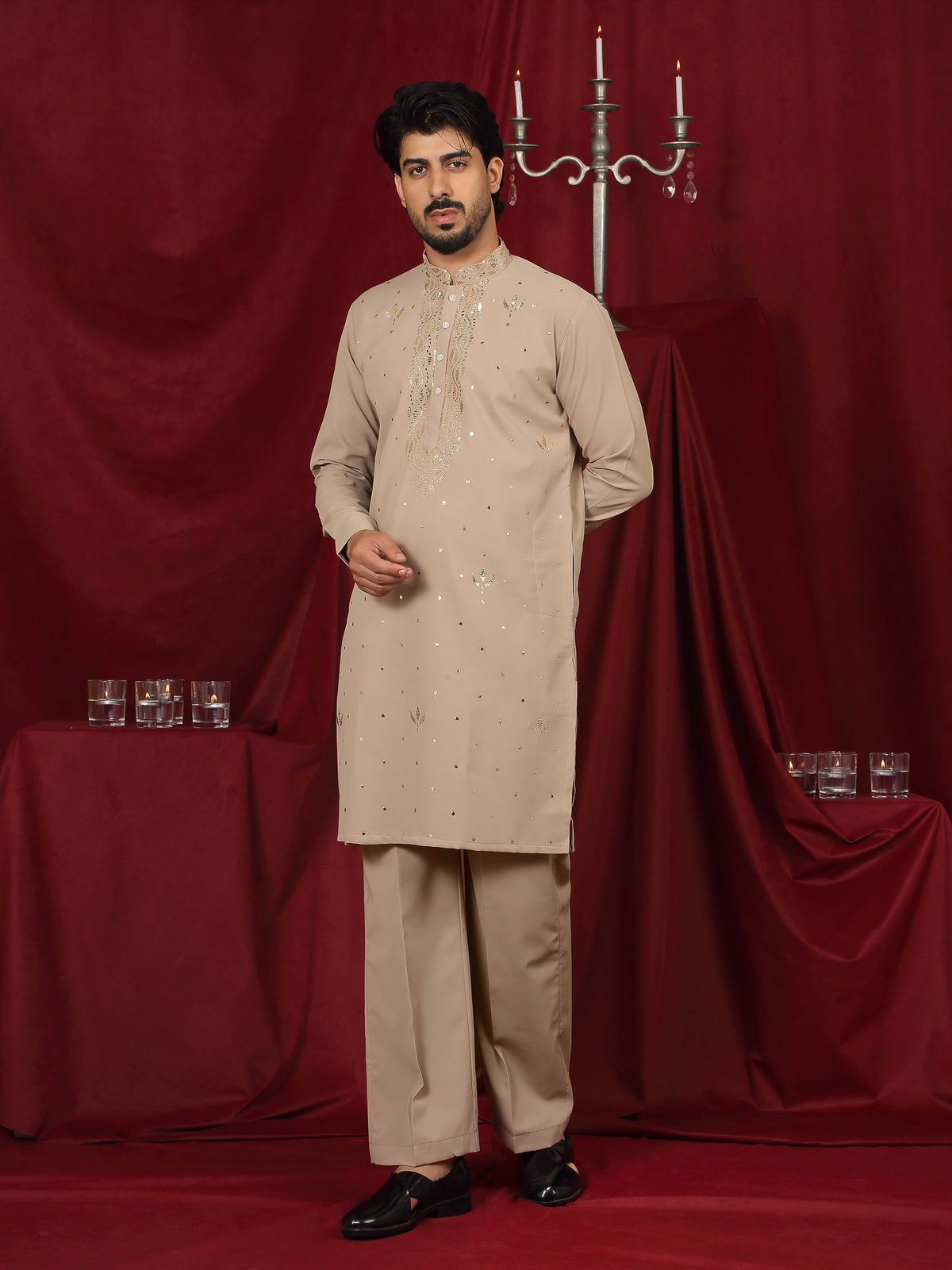 Luxe Men's Japanese Ethnic Motifs Design Golden Foil Work V-Neck Kurta - Fawn