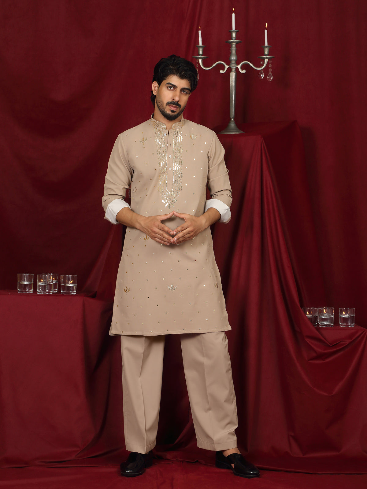 Luxe Men's Japanese Ethnic Motifs Design Golden Foil Work V-Neck Kurta - Fawn