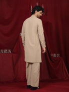 Luxe Men's Japanese Ethnic Motifs Design Golden Foil Work V-Neck Kurta with Trouser Set - Fawn