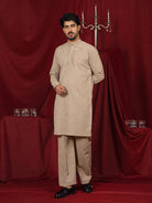 Luxe Men's Japanese Ethnic Motifs Design Golden Foil Work V-Neck Kurta with Trouser Set - Fawn