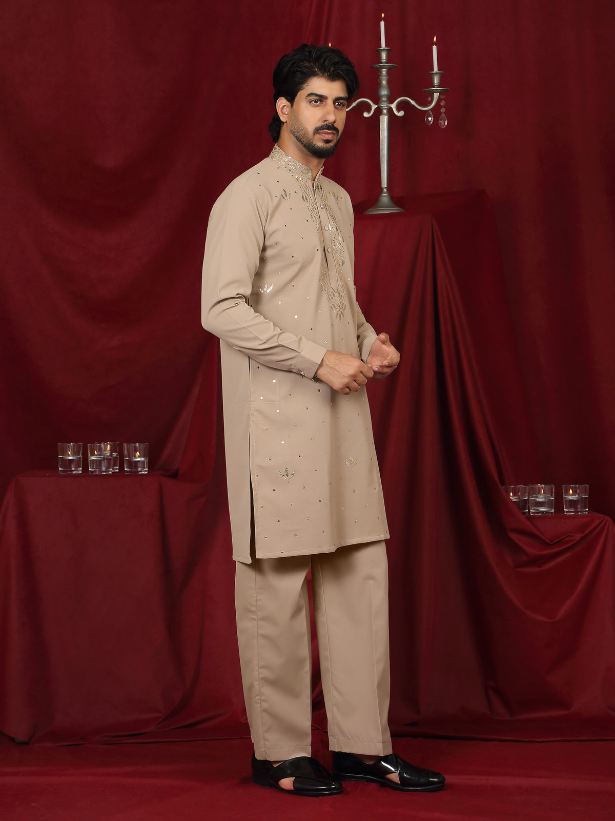 Luxe Men's Japanese Ethnic Motifs Design Golden Foil Work V-Neck Kurta with Trouser Set - Fawn