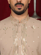 Luxe Men's Japanese Ethnic Motifs Design Golden Foil Work V-Neck Kurta with Trouser Set - Fawn