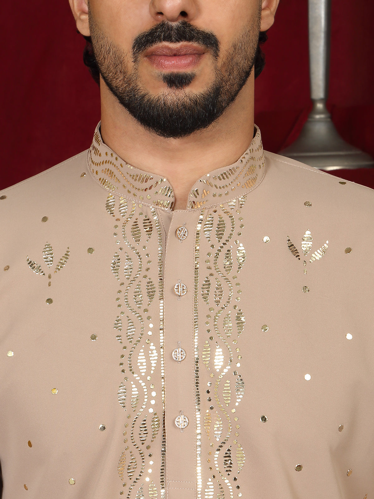 Luxe Men's Japanese Ethnic Motifs Design Golden Foil Work V-Neck Kurta with Trouser Set - Fawn