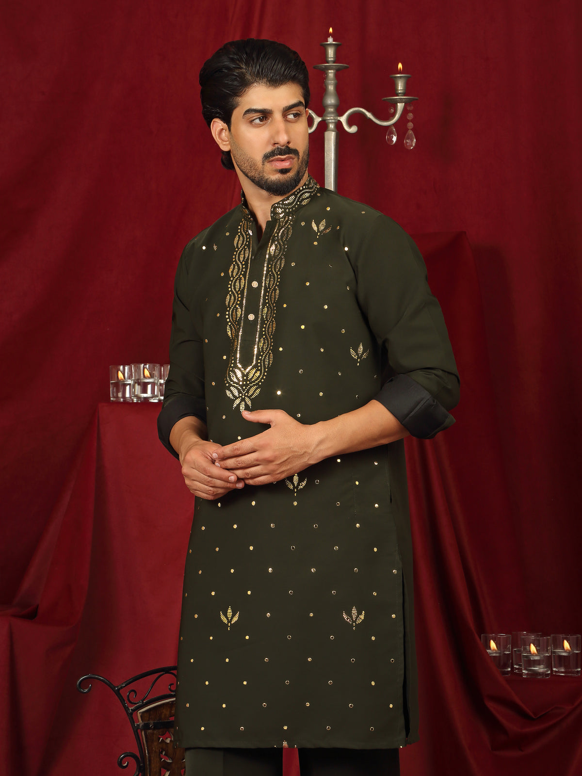 Luxe Men's Japanese Ethnic Motifs Design Golden Foil Work V-Neck Kurta - Mehndi