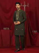 Luxe Men's Japanese Ethnic Motifs Design Golden Foil Work V-Neck Kurta with Trouser Set - Mehndi