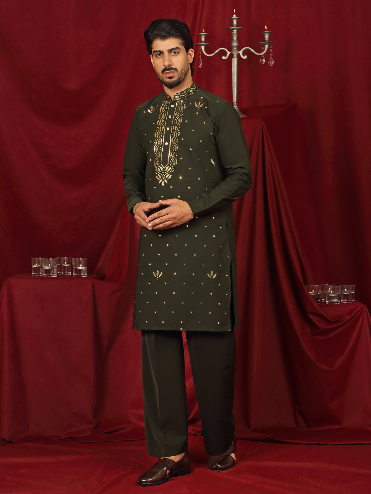Luxe Men's Japanese Ethnic Motifs Design Golden Foil Work V-Neck Kurta with Trouser Set - Mehndi