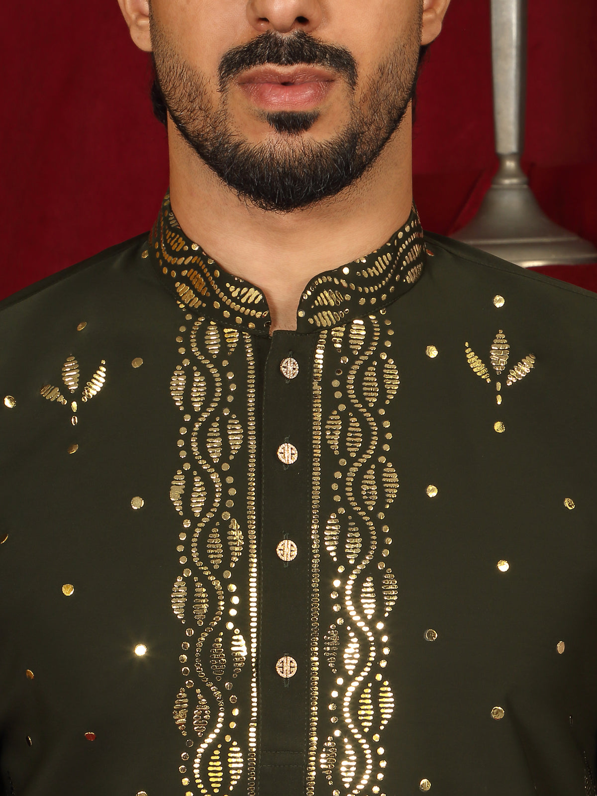 Luxe Men's Japanese Ethnic Motifs Design Golden Foil Work V-Neck Kurta with Trouser Set - Mehndi