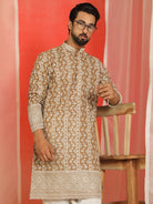 Luxe Men's Cotton Silk Heavy Embroidered Daman Work Straight Kurta - Brown