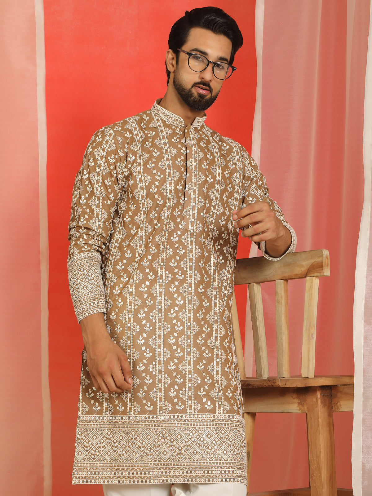 Luxe Men's Cotton Silk Heavy Embroidered Daman Work Straight Kurta - Brown